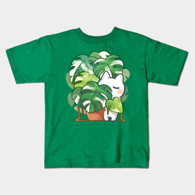 Monstera albo variegated plant lover cat Kids T-Shirt by mushopea